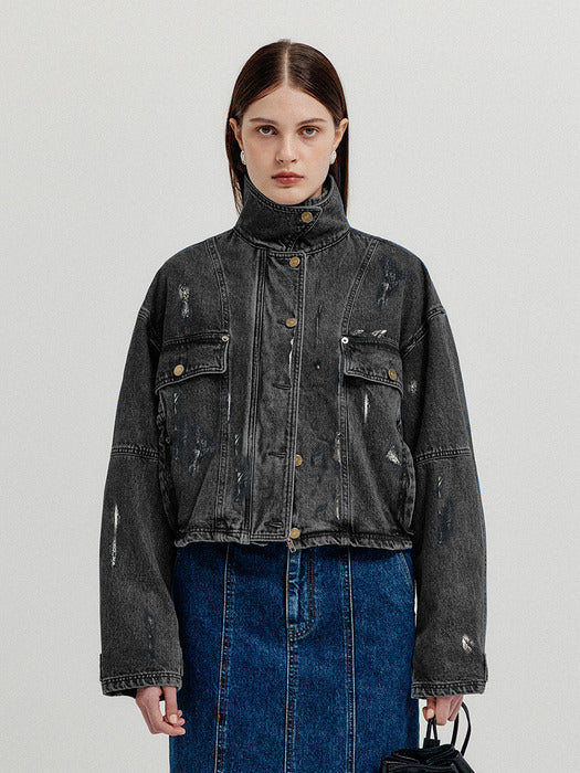 Eenk Xmen Vintage Bomber Short Denim Jacket - Dark Grey