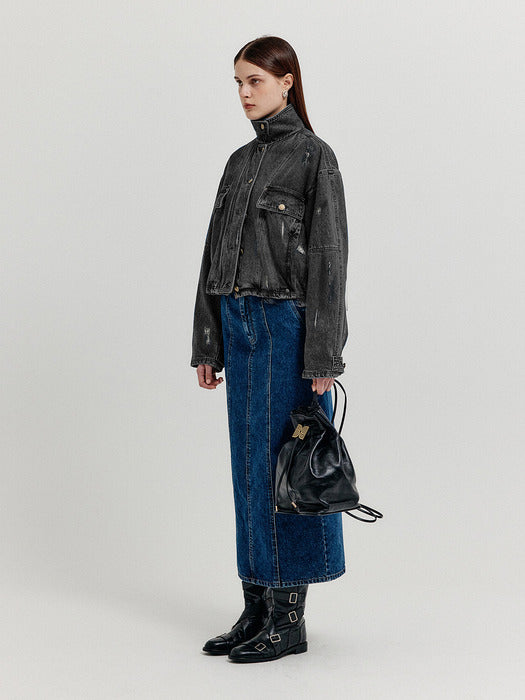 [EENK] Xmen Vintage Bomber Short Denim Jacket - Dark Grey