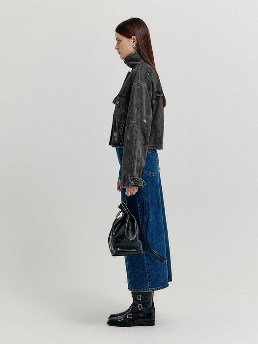 [EENK] Xmen Vintage Bomber Short Denim Jacket - Dark Grey