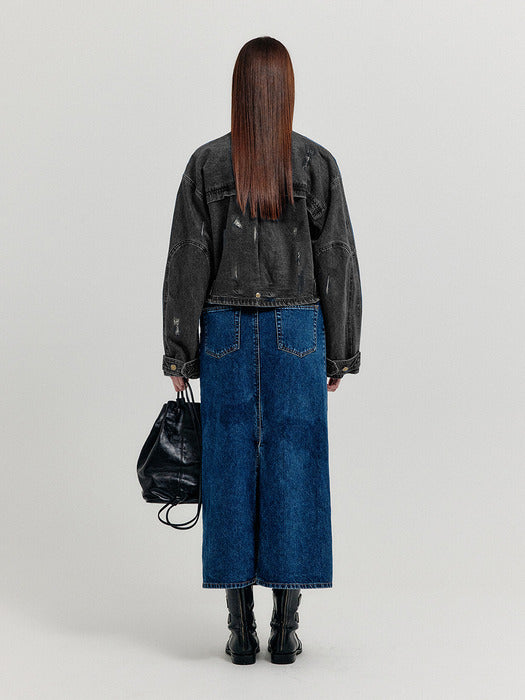 [EENK] Xmen Vintage Bomber Short Denim Jacket - Dark Grey