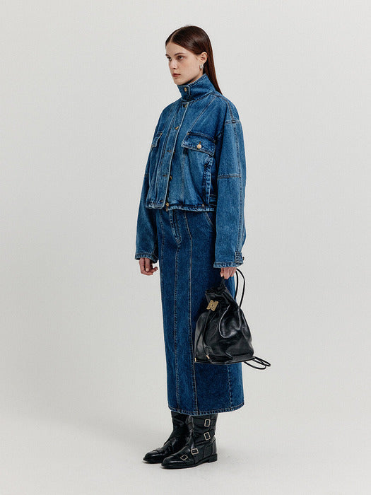 [EENK] Xmen Vintage Bomber Short Denim Jacket - Blue