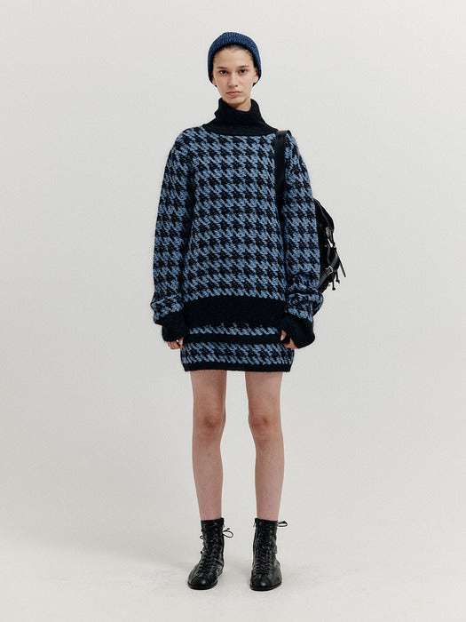 Eenk Xiamond Houndstooth Check Knit Skirt - Blue/Black
