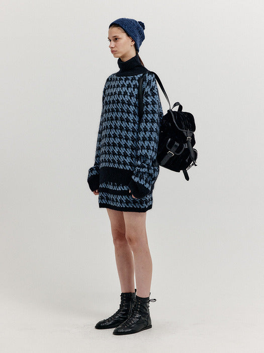 Eenk Xiamond Houndstooth Check Knit Skirt - Blue/Black