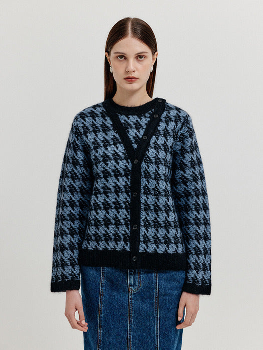 Eenk Xoui Houndstooth Check Knit Cardigan - Blue/Black