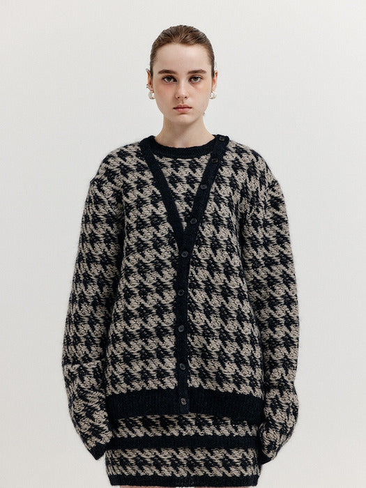 Eenk Xoui Houndstooth Check Knit Cardigan - Black/Ivory
