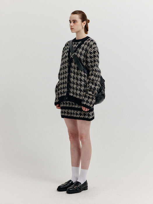 Eenk Xoui Houndstooth Check Knit Cardigan - Black/Ivory