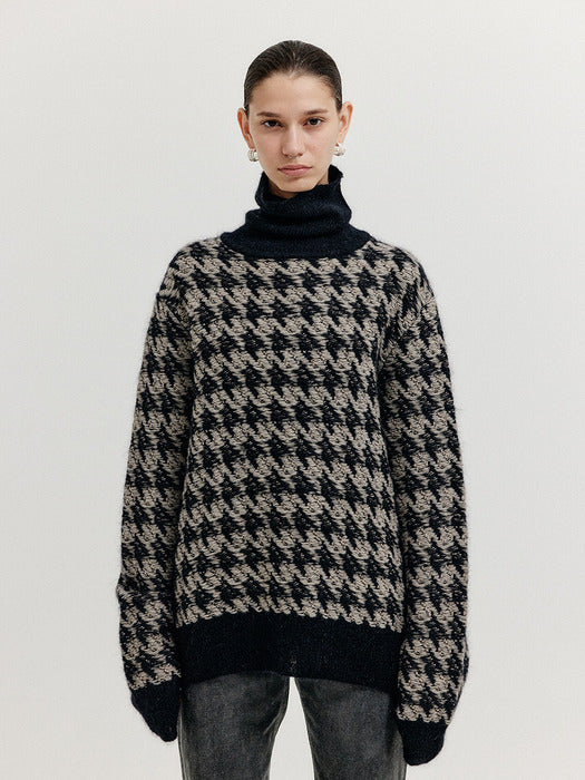 Eenk Xezal Houndstooth Check Knit Turtleneck - Black/Ivory