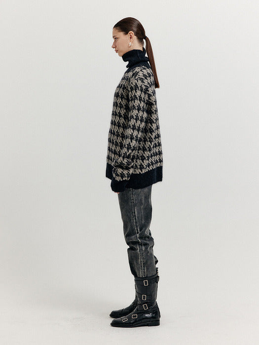 Eenk Xezal Houndstooth Check Knit Turtleneck - Black/Ivory