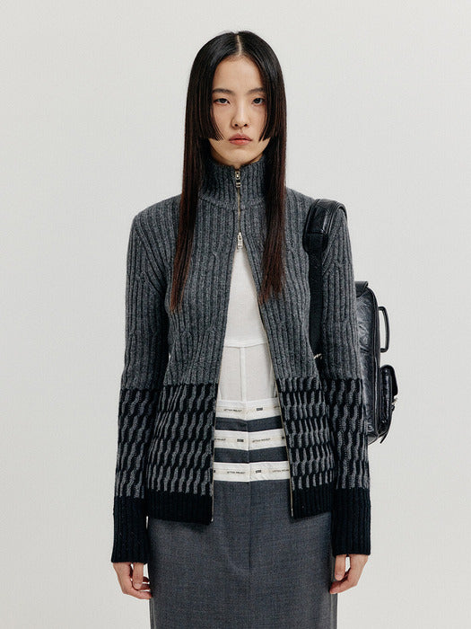 [EENK] Xcoo Cable Knit Zip Cardigan - Grey