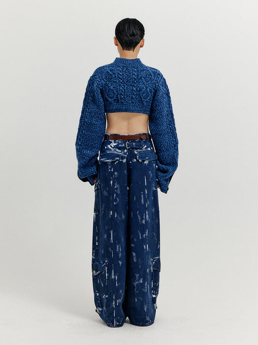 [EENK] Xili Cable Knit Crop Cardigan - Navy