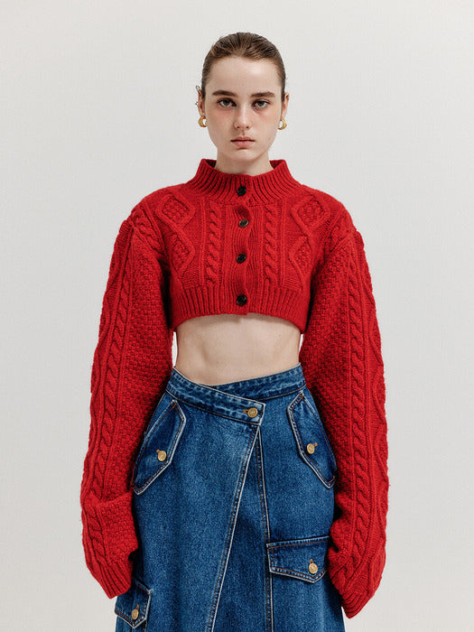 Eenk Xili Cable Knit Crop Cardigan - Red