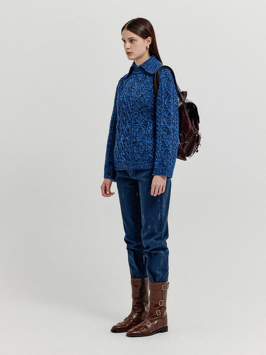 Eenk Xoebe Cable Knit Collared Turtleneck - Navy