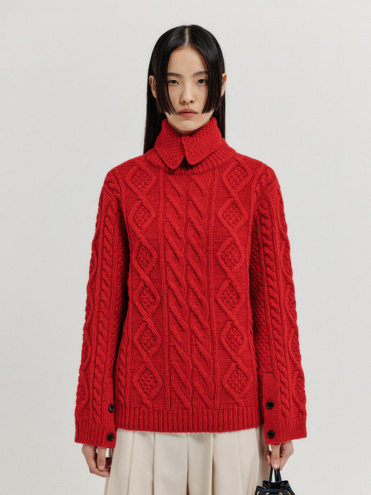 Eenk Xoebe Cable Knit Collared Turtleneck - Red