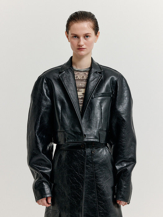 Eenk Xicole Oversized Short Leather Jacket - Black