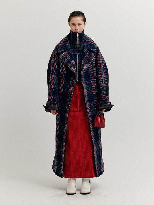 Eenk Xennie Oversized Coat with Detachable Collar - Navy/Red Multi