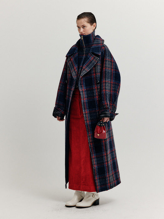 [EENK] Xennie Oversized Coat with Detachable Collar - Navy/Red Multi