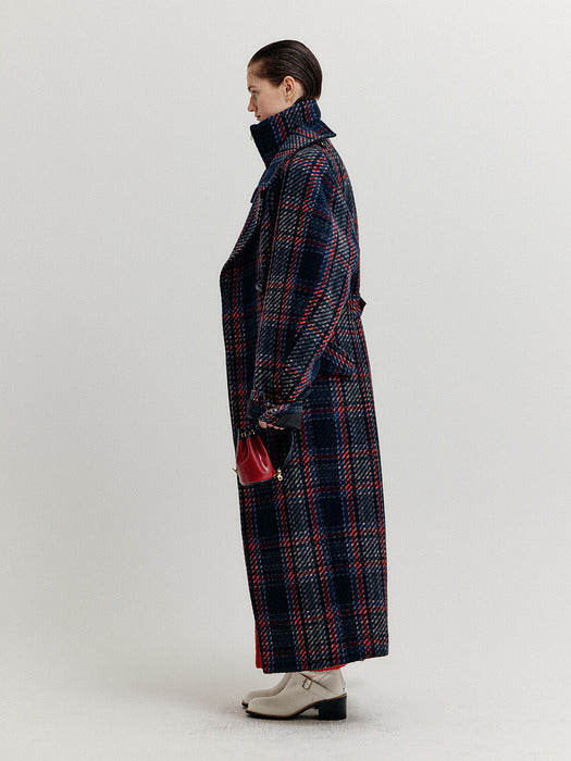 [EENK] Xennie Oversized Coat with Detachable Collar - Navy/Red Multi