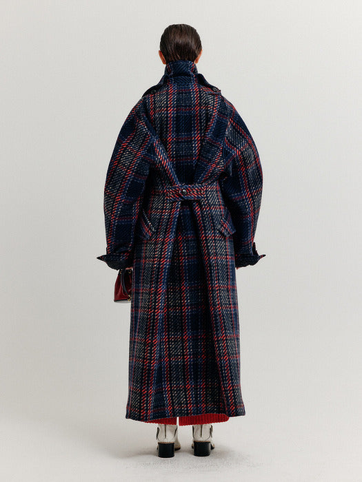 [EENK] Xennie Oversized Coat with Detachable Collar - Navy/Red Multi