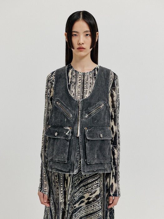 Eenk Xeby Utility Denim Vest - Dark Grey