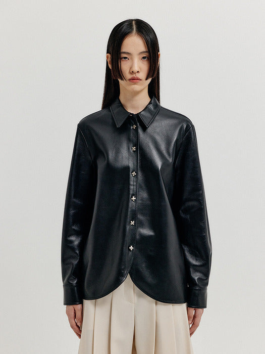 [EENK] Xinslie Long Sleeve Leather Shirt - Z-Black