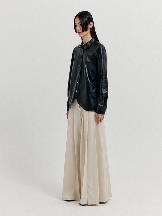 [EENK] Xinslie Long Sleeve Leather Shirt - Z-Black
