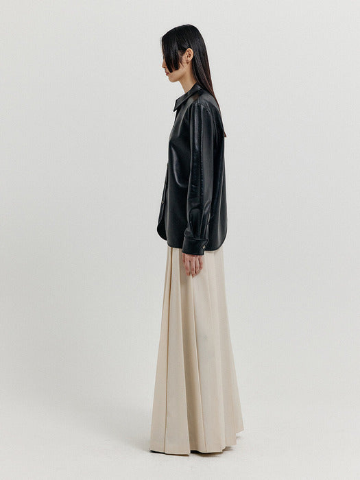 [EENK] Xinslie Long Sleeve Leather Shirt - Z-Black