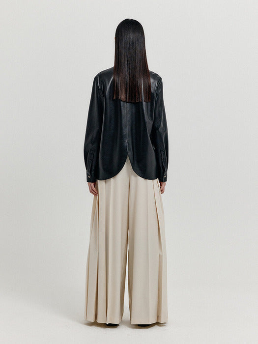 [EENK] Xinslie Long Sleeve Leather Shirt - Z-Black