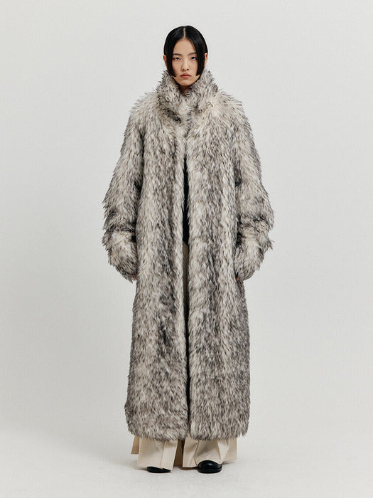 Eenk Xenia Faux Fur Long Coat - Light Grey