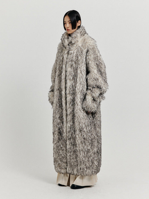 Eenk Xenia Faux Fur Long Coat - Light Grey