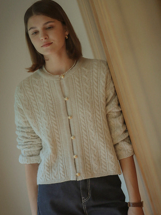 [TILLIDIE] Riley gold button cabel round cardigan(Light gray)