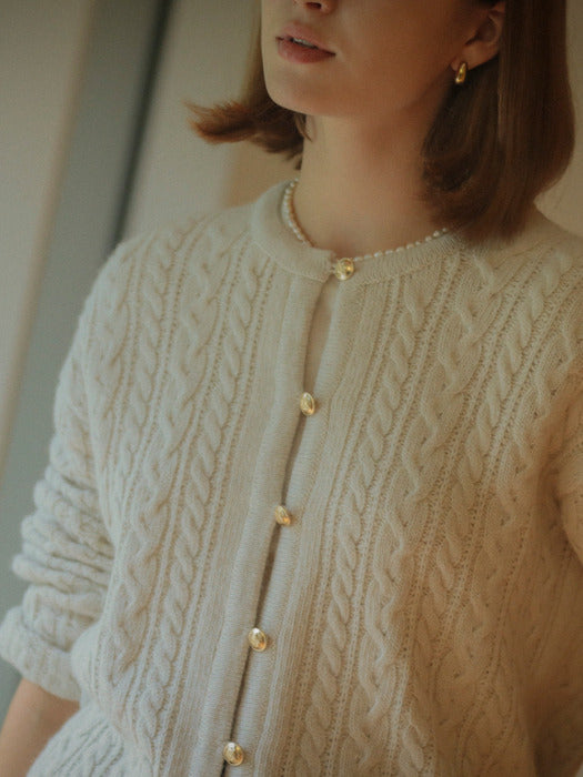 [TILLIDIE] Riley gold button cabel round cardigan(Light gray)