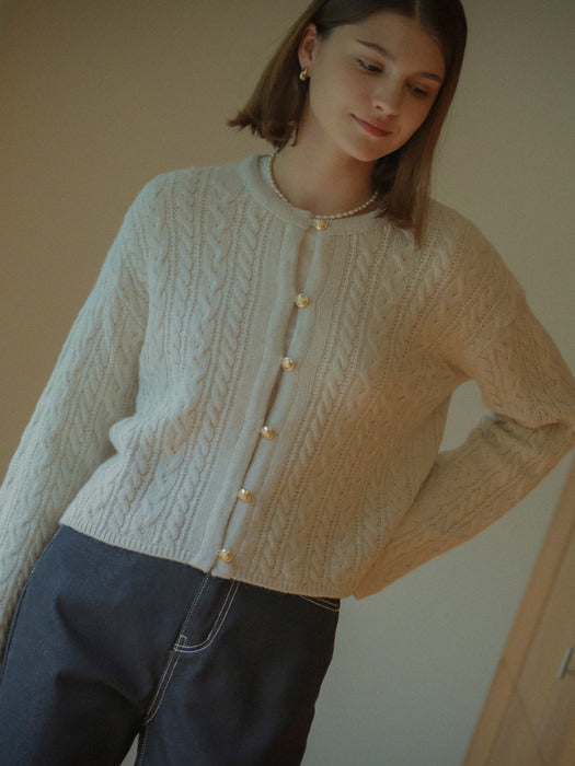 [TILLIDIE] Riley gold button cabel round cardigan(Light gray)