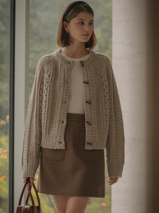 [TILLIDIE] Round neck duffle knit cardigan_Linen