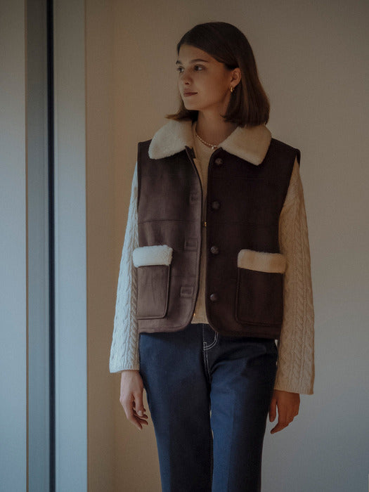 [TILLIDIE] Reversible collar mustang vest(Brown)