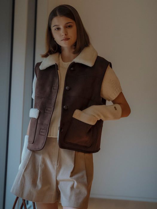 [TILLIDIE] Reversible collar mustang vest(Brown)