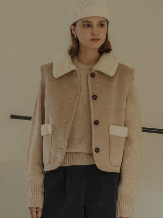 [TILLIDIE] Reversible collar mustang vest(Beige)