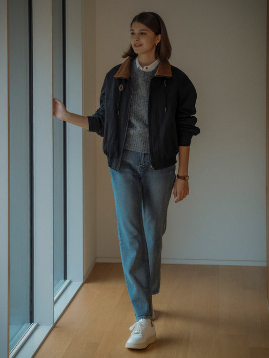 [TILLIDIE] Two tone collar leather stopper cotton jumper(Black)