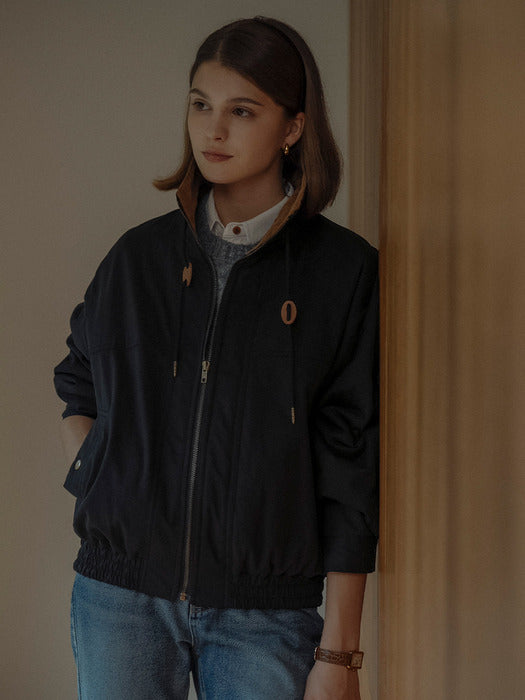 [TILLIDIE] Two tone collar leather stopper cotton jumper(Black)