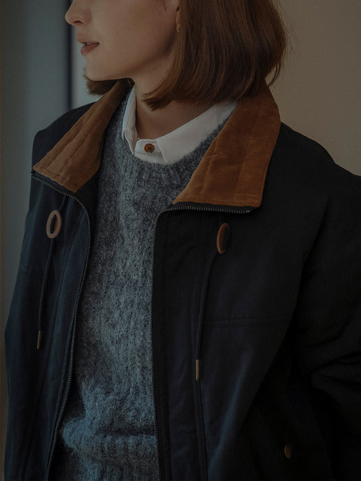 [TILLIDIE] Two tone collar leather stopper cotton jumper(Black)