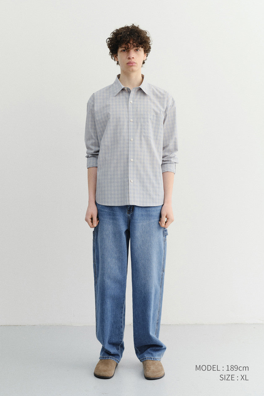 Dunst Unisex Cropped Checked Shirt Soft Blue Check
