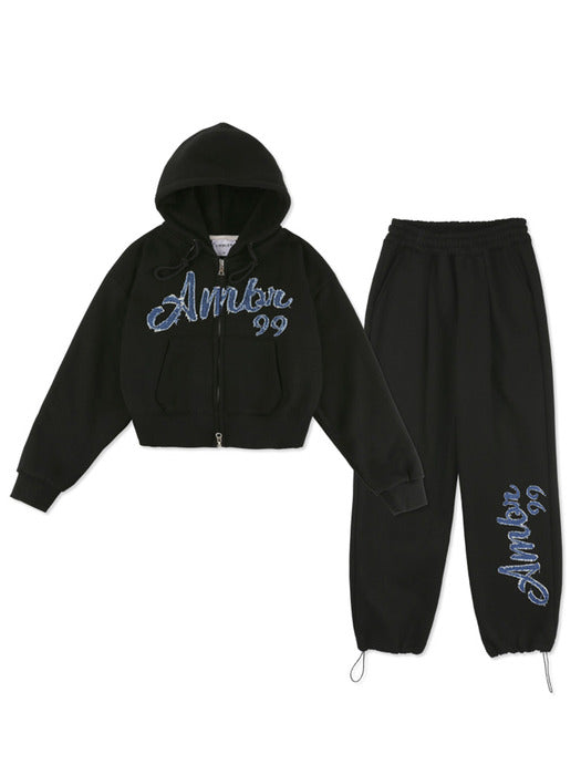[ambler] Denim AMBLER Crop Hoodie Over fit 2-way pants set up (2 color)