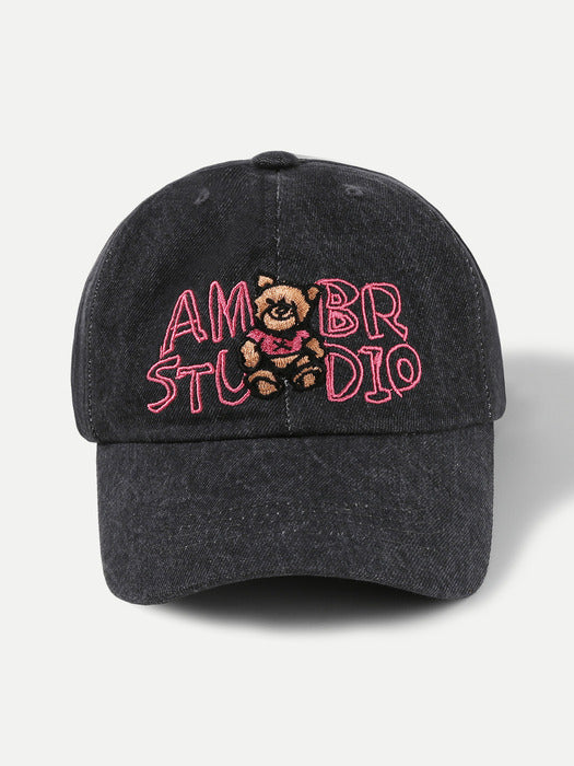 Ambler Smile bear-Denim Cap Ball Cap (Black)