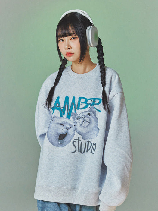 [ambler] Cats daily life Over fit Sweatshirt AMM1114 (White-Melange)