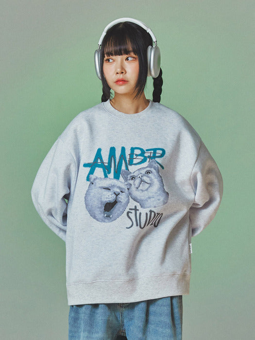 [ambler] Cats daily life Over fit Sweatshirt AMM1114 (White-Melange)