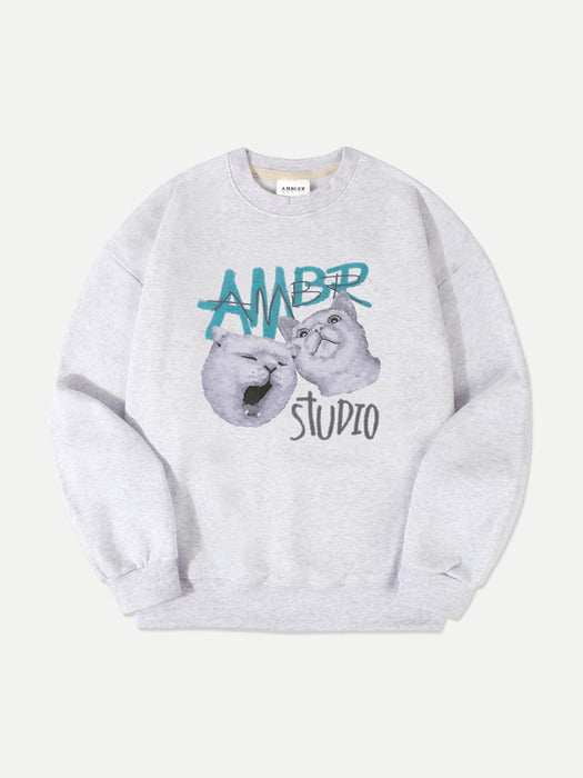 [ambler] Cats daily life Over fit Sweatshirt AMM1114 (White-Melange)