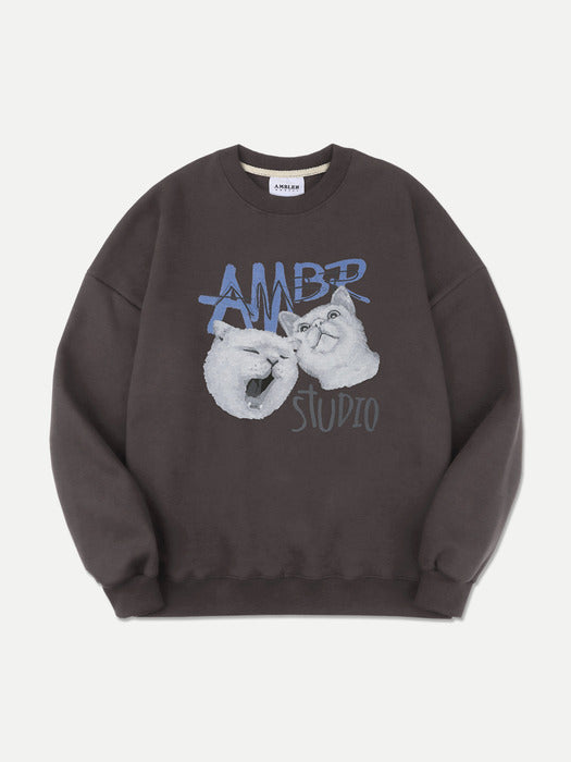[ambler] Cats daily life Over fit Sweatshirt AMM1114 (Dark-Gray)