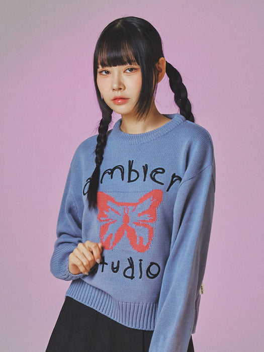 [ambler] Pink butterfly Over fit Crop Sweater AKN402 (Blue)