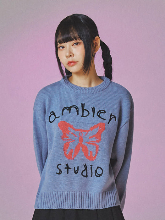 [ambler] Pink butterfly Over fit Crop Sweater Akn402 (Blue)