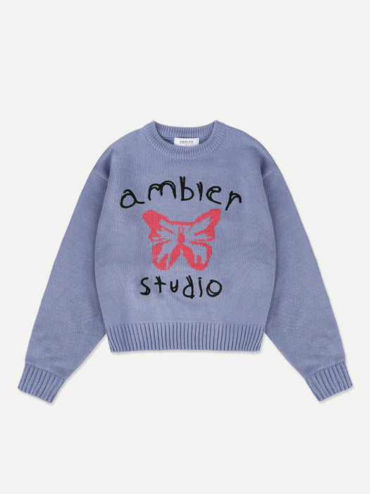 [ambler] Pink butterfly Over fit Crop Sweater Akn402 (Blue)