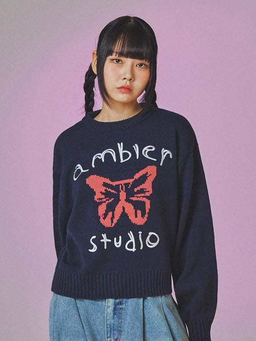 [ambler] Pink butterfly Over fit Crop Sweater AKN402 (Navy)